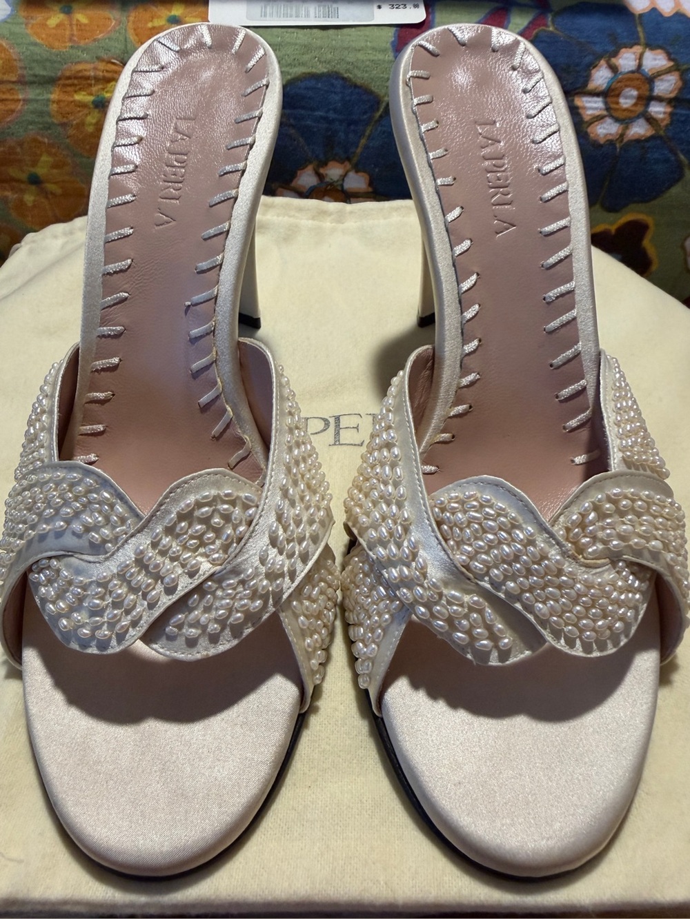 Vintage La Perla Ivory Pearl-Embellished Slide Heels - Picture 7 of 15
